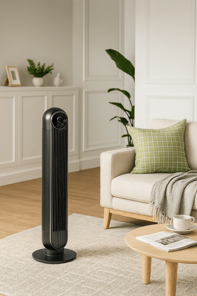 tower fan standing in living room by a couch and coffee table