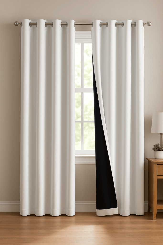 a set of white black-out curtains hanging in front of a window