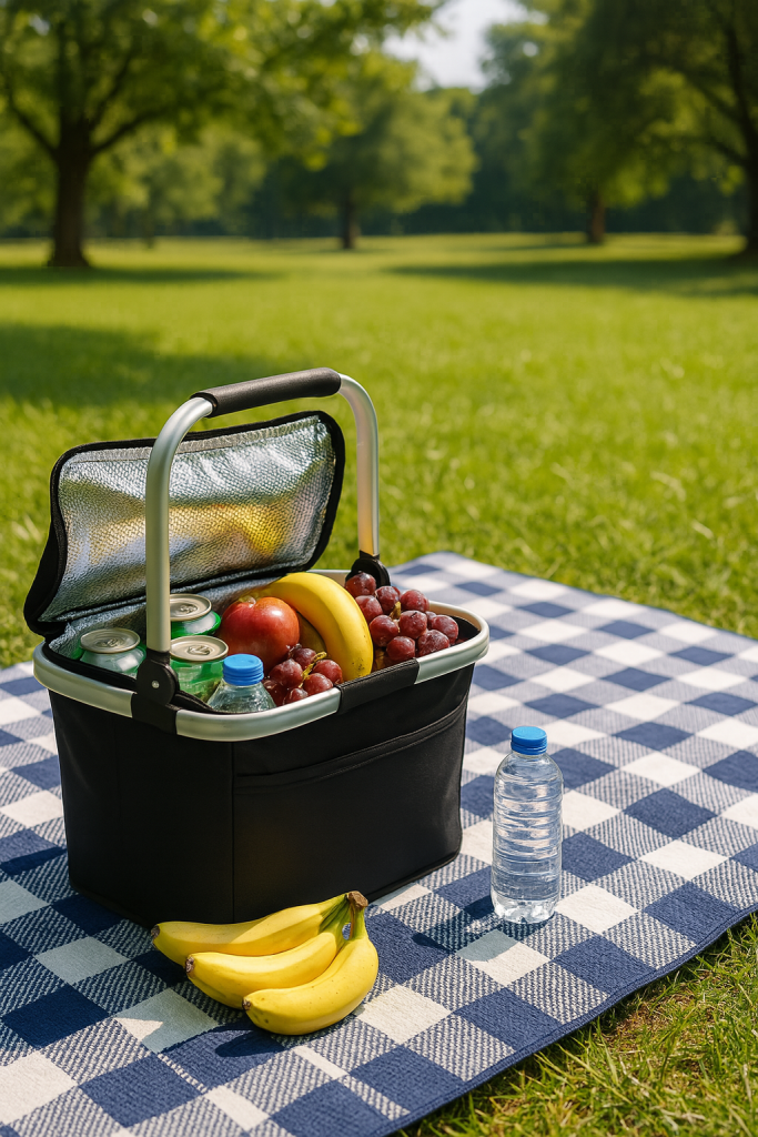 an insulated picnic basket with a handle full of fruit and drinks sitting on a blanket in a park