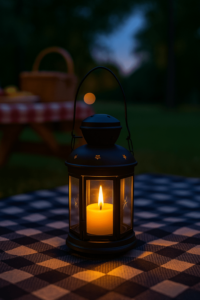 a black metal candle lantern at dusk