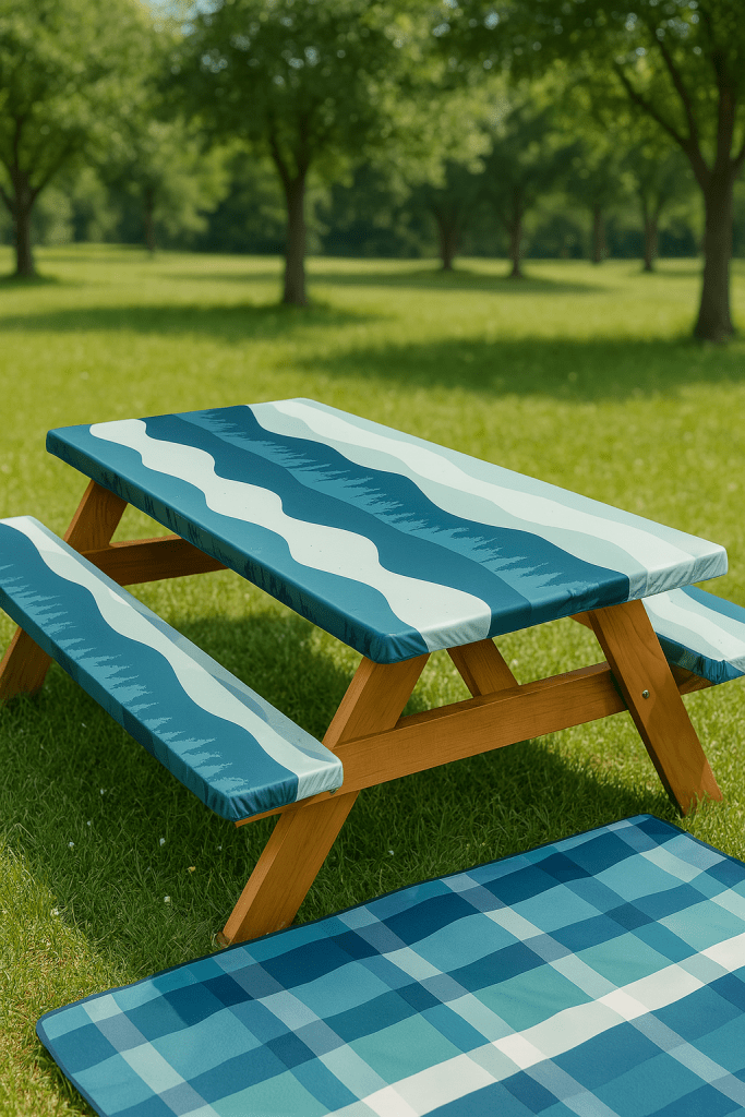 blue green waterproof covers on a wooden park table and benches