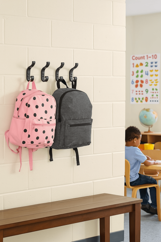 wall hooks holding backpacks in a classroom