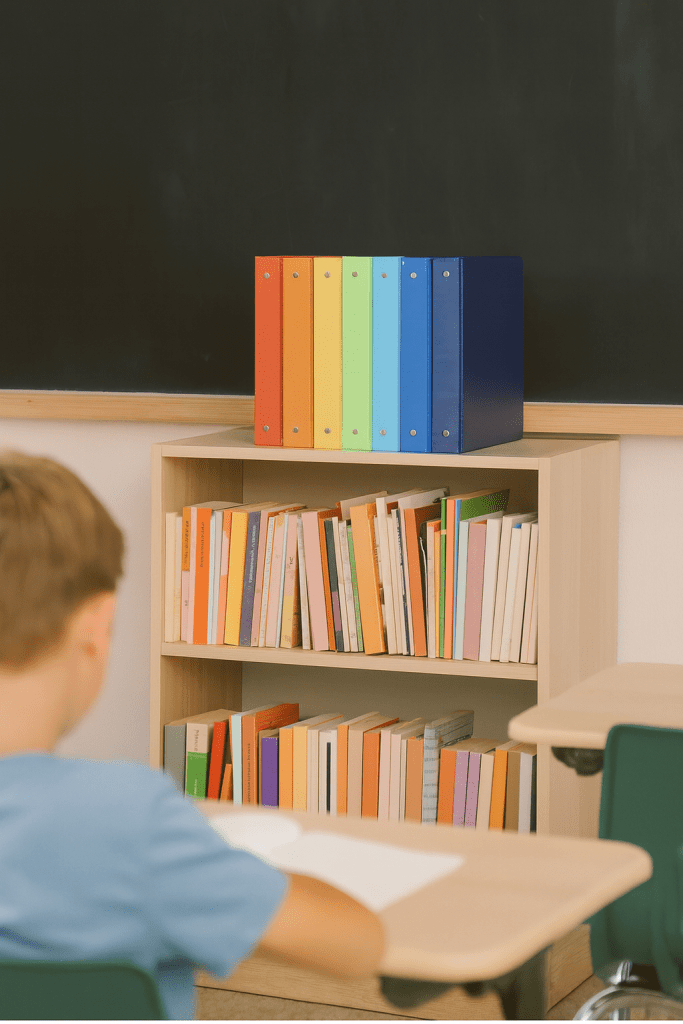 color-coded binders on a bookshelf in a classroom setting