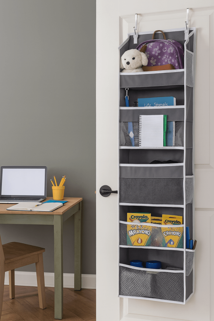an over the door pocket organizer hanging on a schoolroom door