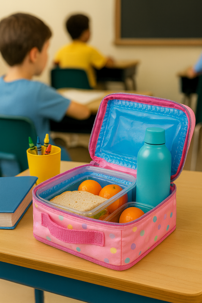 a school desk with a lunch bag on it