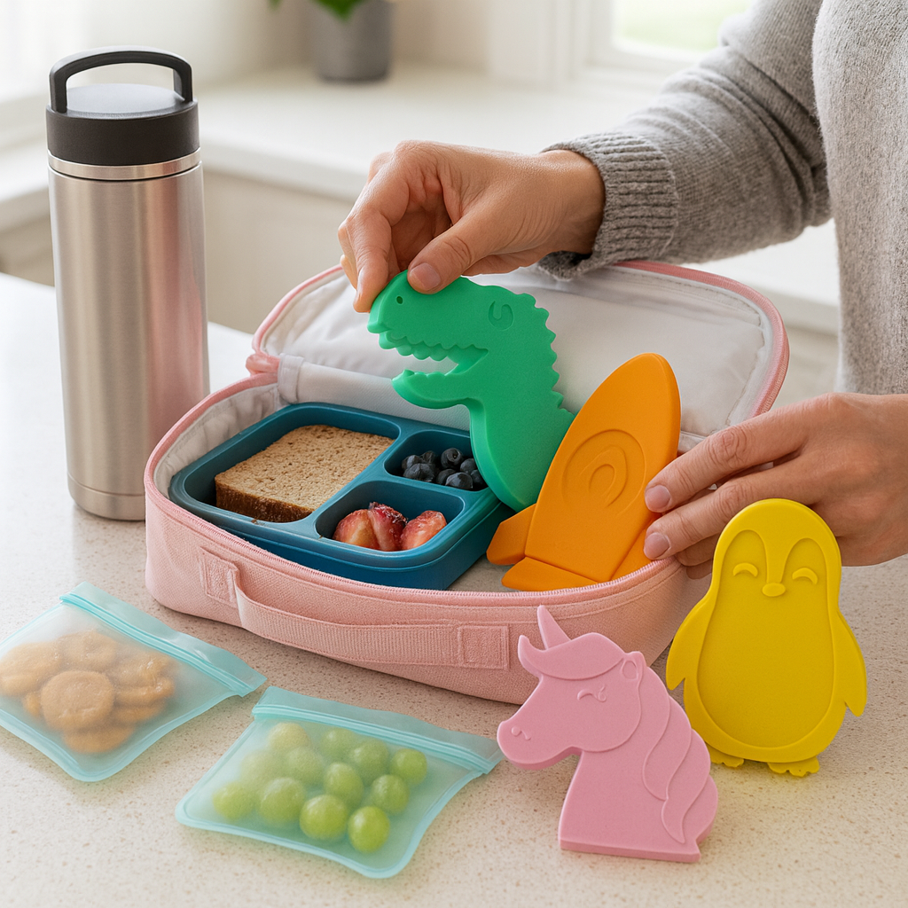 a lunch bag with food, ice packs, and a thermos